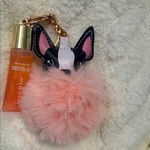 Pink Pom-Pom Dog Keychain / Purse Charm with Lip Gloss Holder